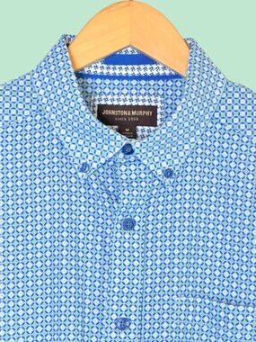 NEW Men’s Johnston & Murphy Short Sleeve Blue Green Geo Tile Cotton Shirt Size M